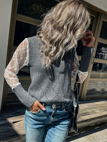 Spliced Lace Long Sleeve Eyelash Trim V-Neck Sweater