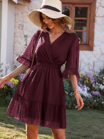 Swiss Dot Flare Sleeve Surplice Mini Dress