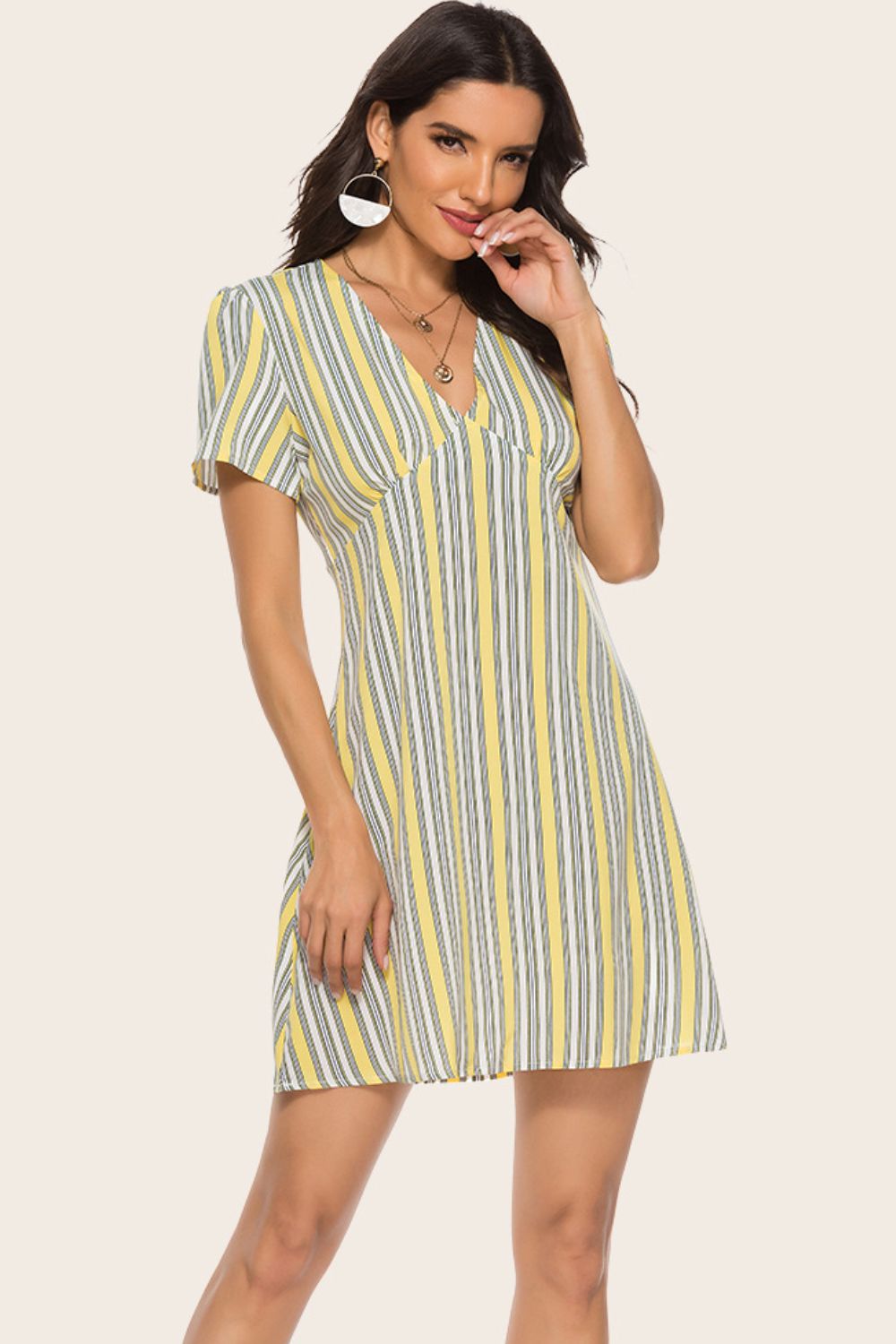 Striped Plunge Puff Sleeve Dress