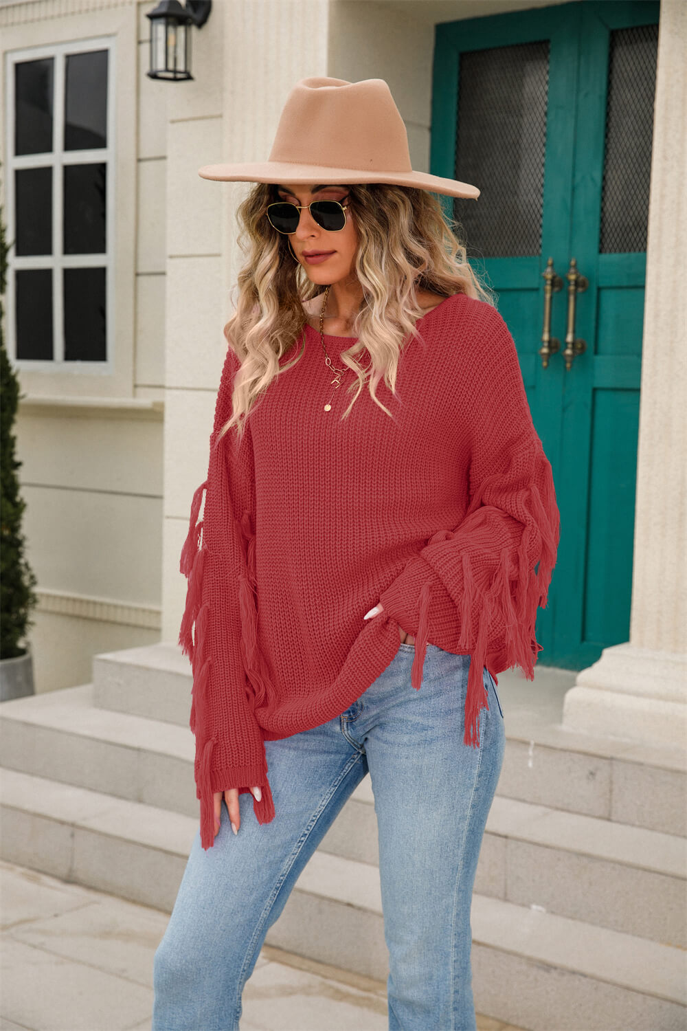 Tassel Detail Rib-Knit Round Neck Sweater