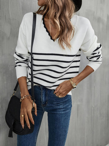 Striped V-Neck Ribbed Trim Knit Top