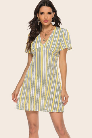 Striped Plunge Puff Sleeve Dress