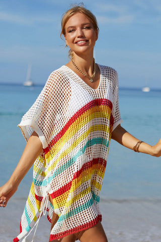 Rainbow Stripe Openwork Slit Cover Up