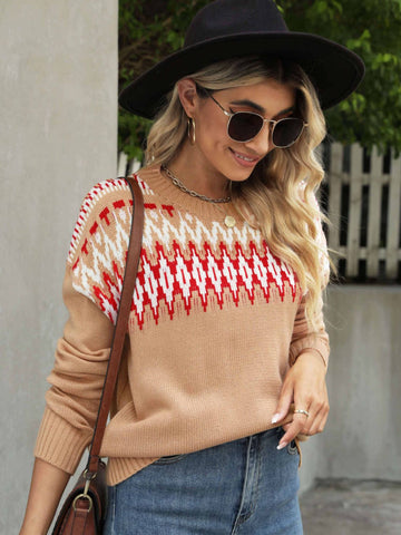 Pullover mit Rundhalsausschnitt und geometrischem Rippenbesatz