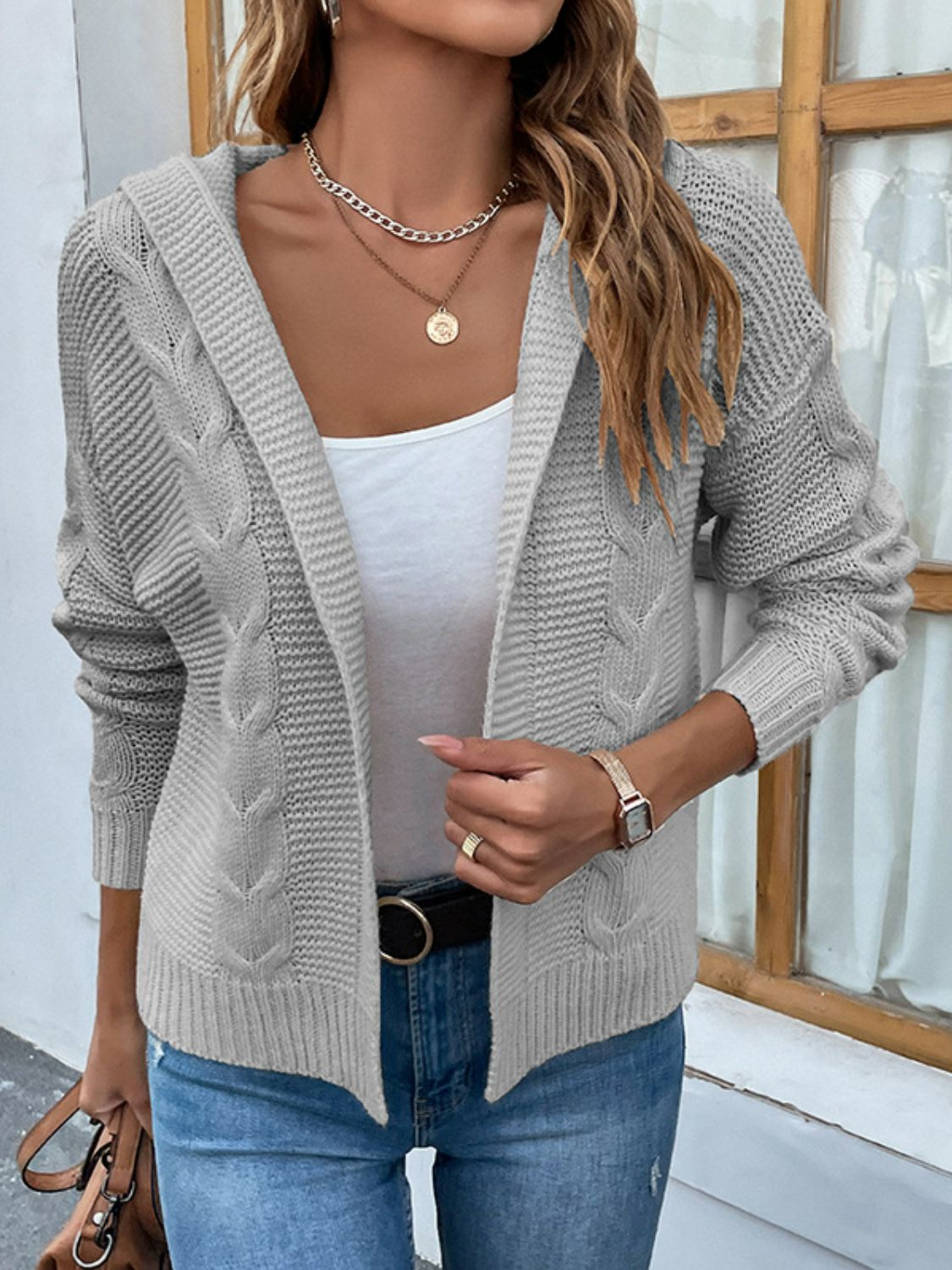 Cable-Knit Dropped Shoulder Hooded Cardigan