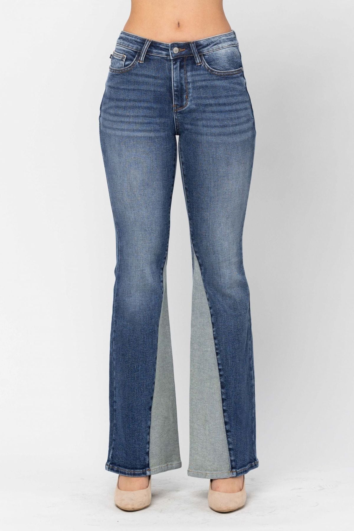 Mid-Rise Two Tone Panel Flare Jeans