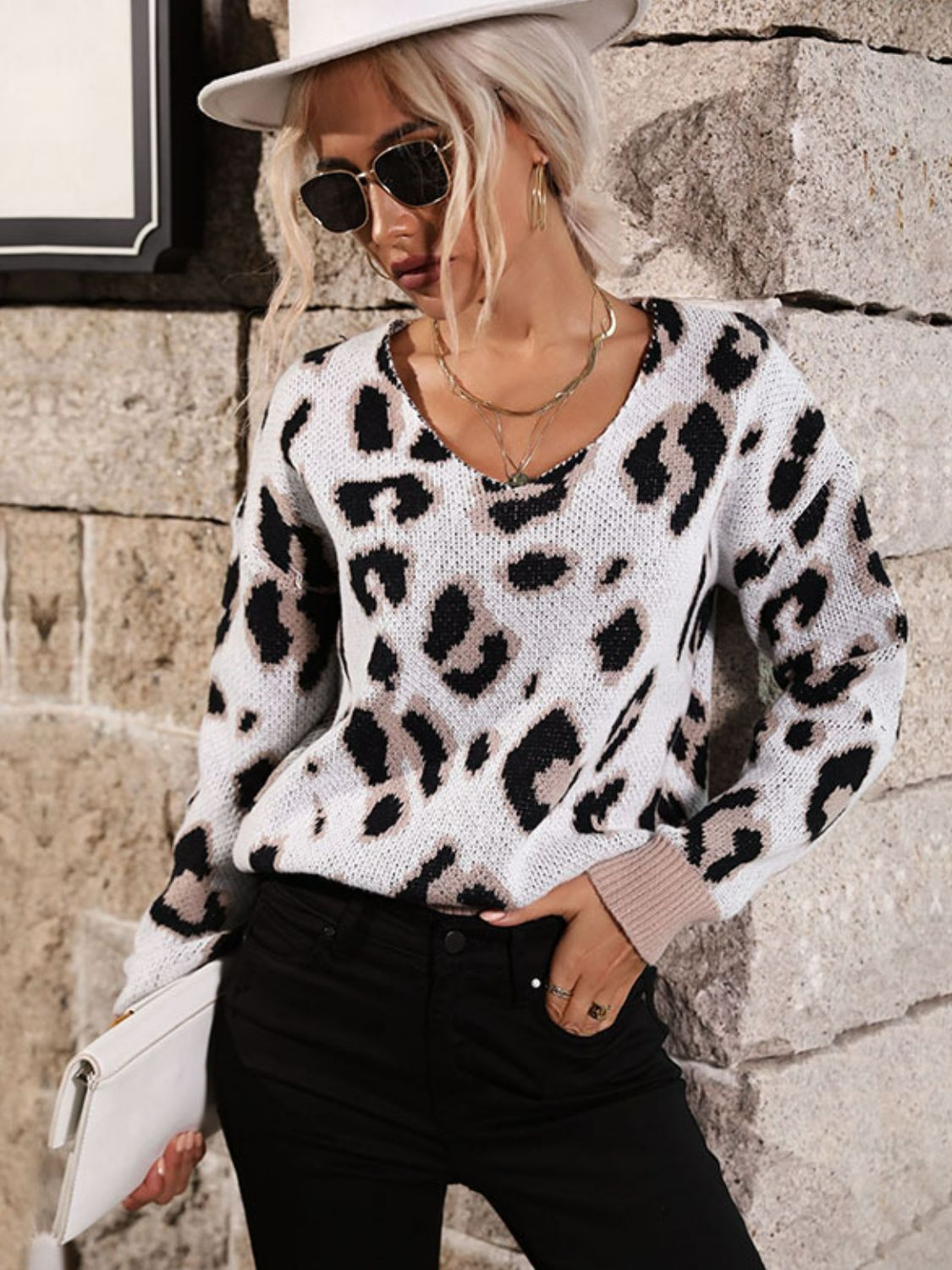 Leopard V-Neck Ribbed Trim Dropped Shoulder Sweater