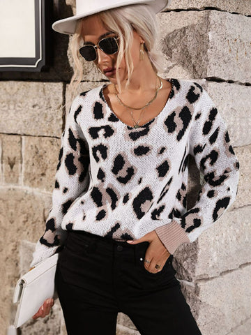 Leopard V-Neck Ribbed Trim Dropped Shoulder Sweater