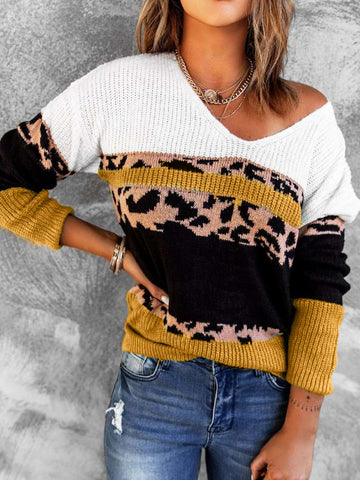 Rippenstrickpullover mit V-Ausschnitt und Leoparden-Farbblock