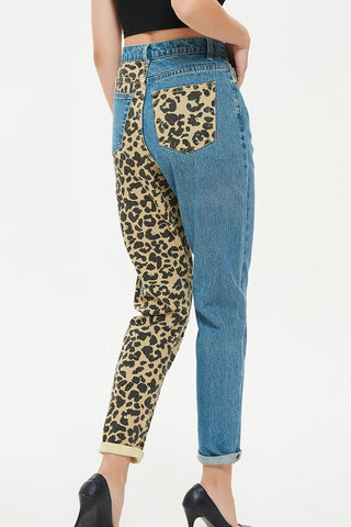 Zweifarbige Jeans mit Leopardenmuster in voller Größe