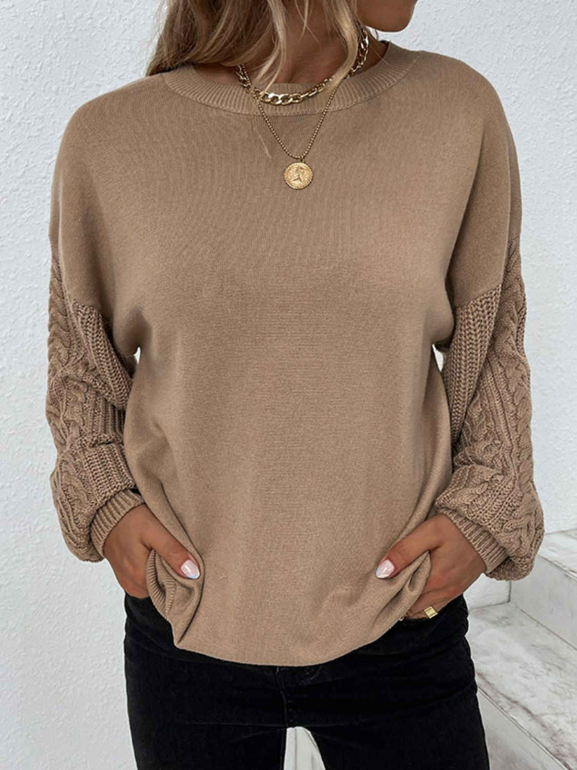 Cable-Knit Ribbed Trim Tunic Sweater