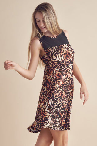 Full Size Animal Print Round Neck Sleeveless Dress with Pockets