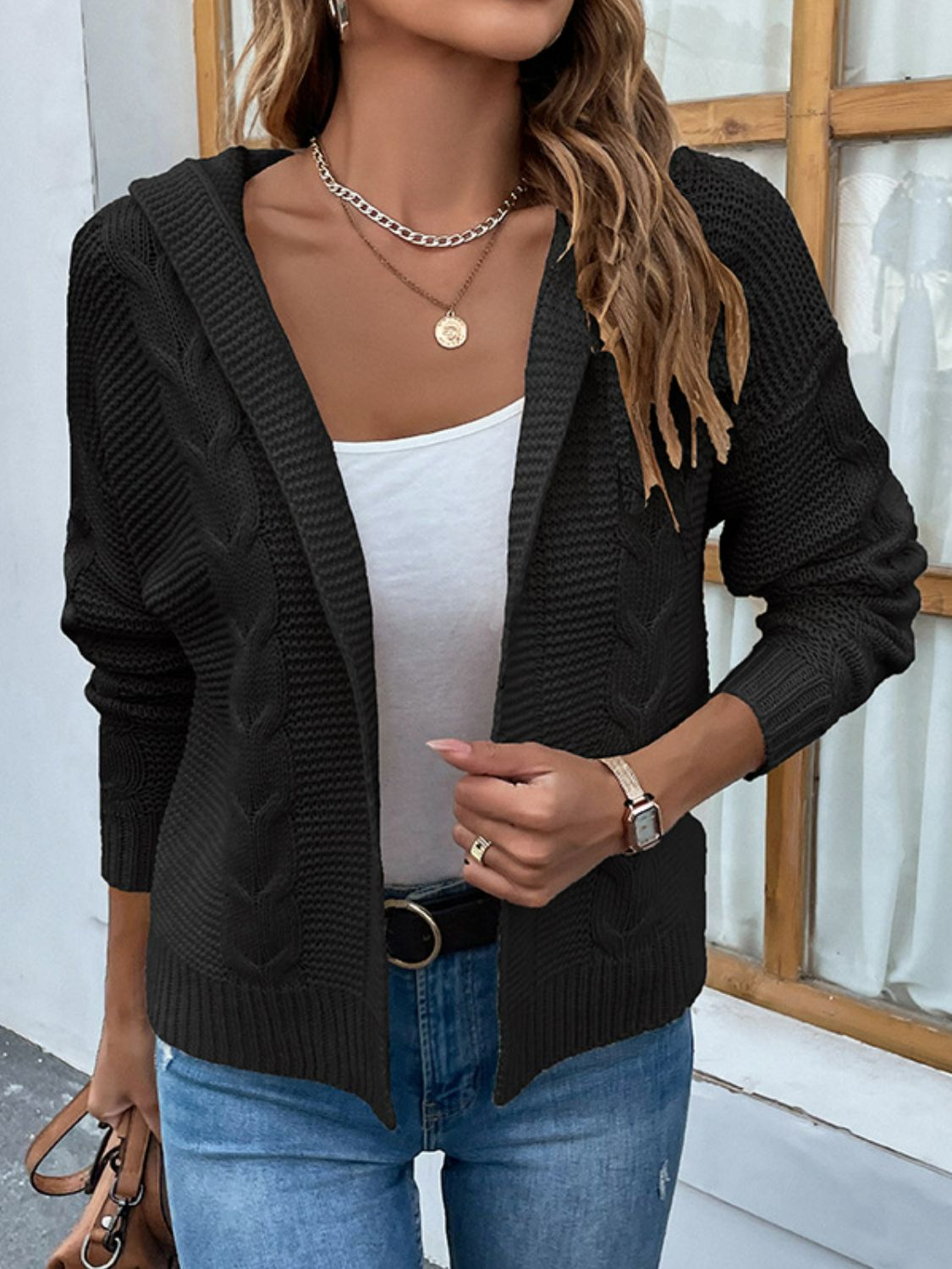 Cable-Knit Dropped Shoulder Hooded Cardigan