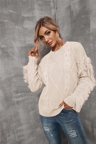 Mixed Knit Fringe Detail Round Neck Sweater