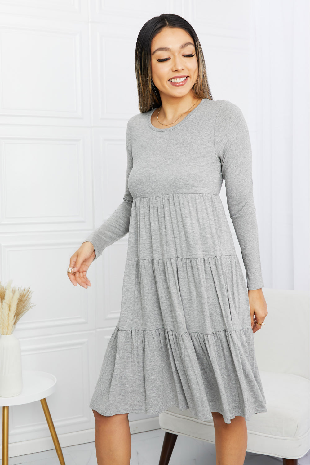 BOMBOM Long Sleeve Round Neck Tiered Dress