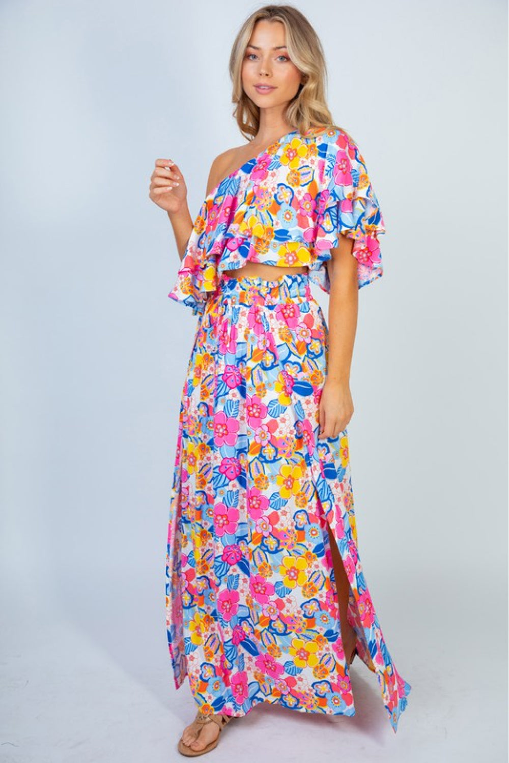 White Birch Sunshine & Blossoms Full Size Floral One-Shoulder Crop Top