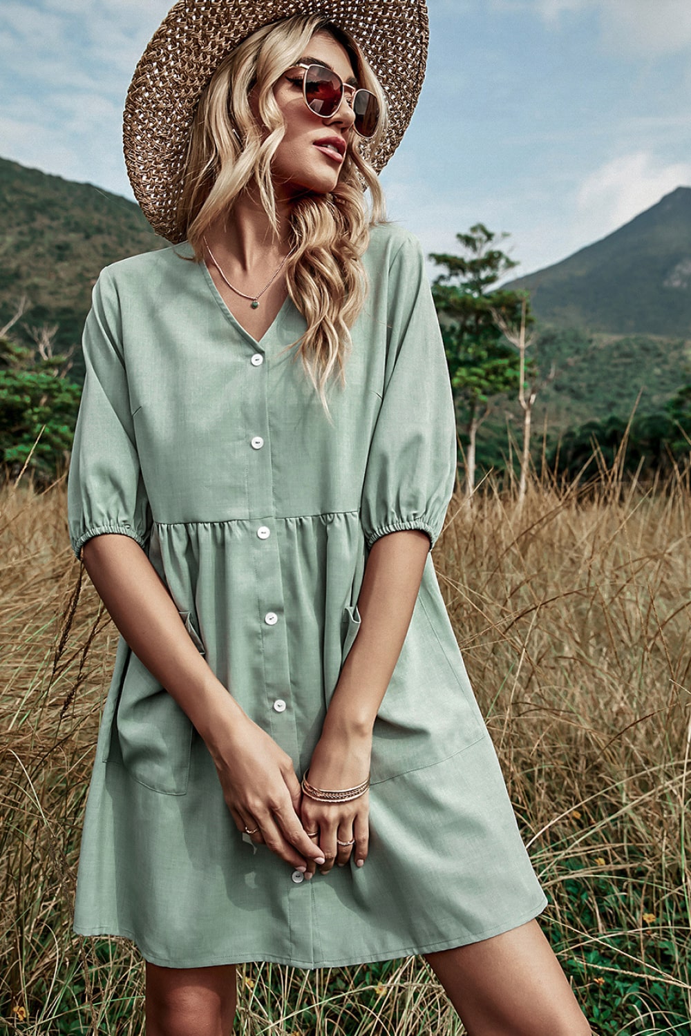 Button Down V-Neck Mini Dress with Pockets