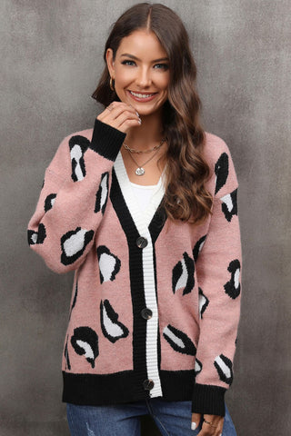 Leopard Ribbed Trim Drop Shoulder Cardigan
