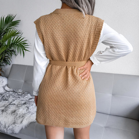 Tie-Waist Sleeveless Side Slit Sweater Vest