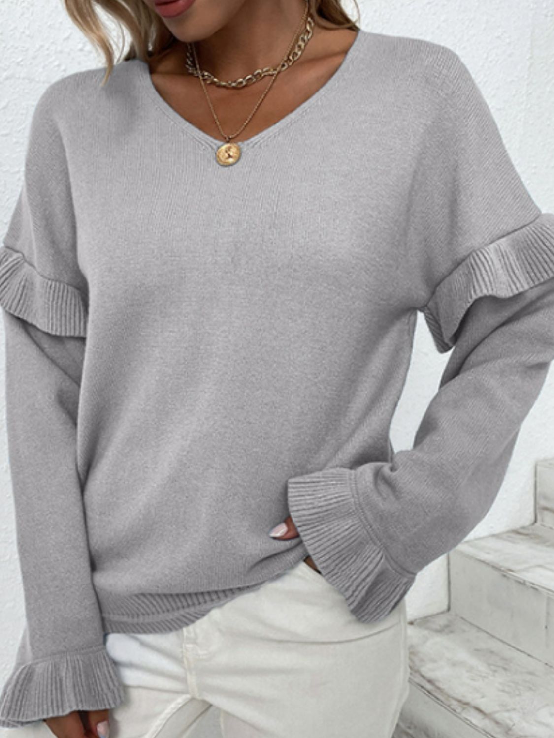 Layered Flounce Sleeve V-Neck Sweater