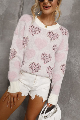 Flauschiger Pullover mit Herz-Print und Perlendetail