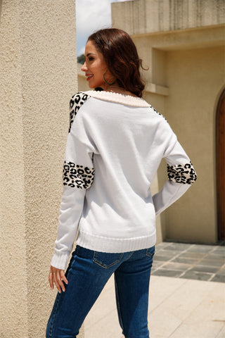 Leopard Color Block V-Neck Knit Pullover