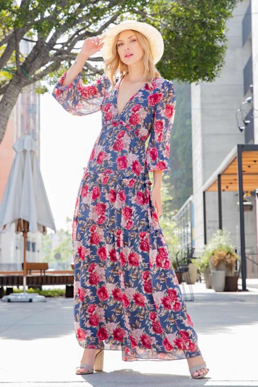 Floral Frill Trill Deep V Maxi Dress