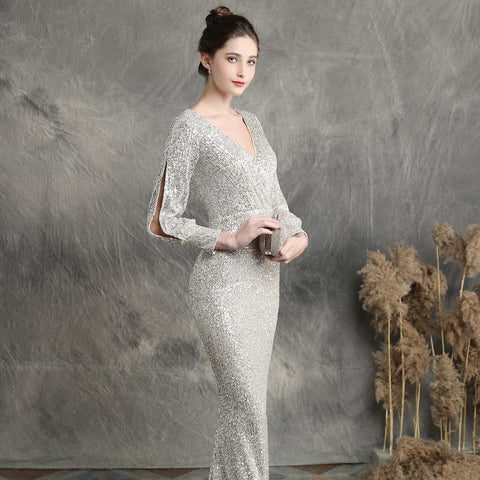 Ella long-sleeve sequined formal fishtail dress