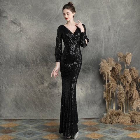 Ella long-sleeve sequined formal fishtail dress