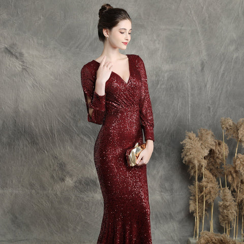 Ella long-sleeve sequined formal fishtail dress