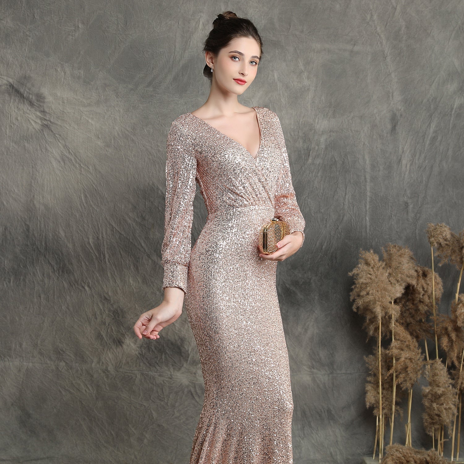 Ella long-sleeve sequined formal fishtail dress