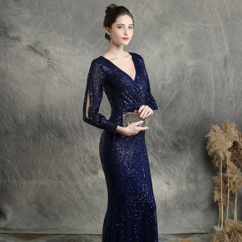 Ella long-sleeve sequined formal fishtail dress