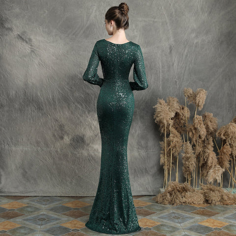 Ella long-sleeve sequined formal fishtail dress