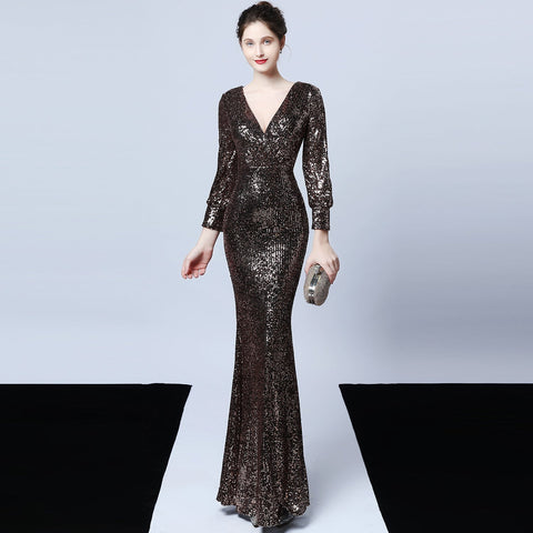 Ella long-sleeve sequined formal fishtail dress