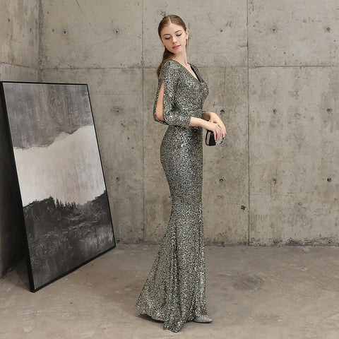 Ella long-sleeve sequined formal fishtail dress