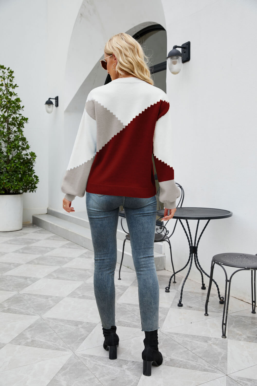 Tricolor Color Block Round Neck Ribbed Trim Sweater