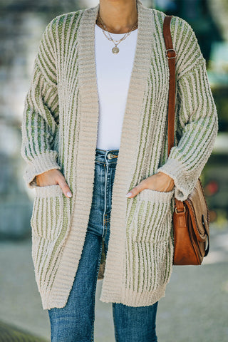 Striped Open Front Ribbed Cardigan with Pockets