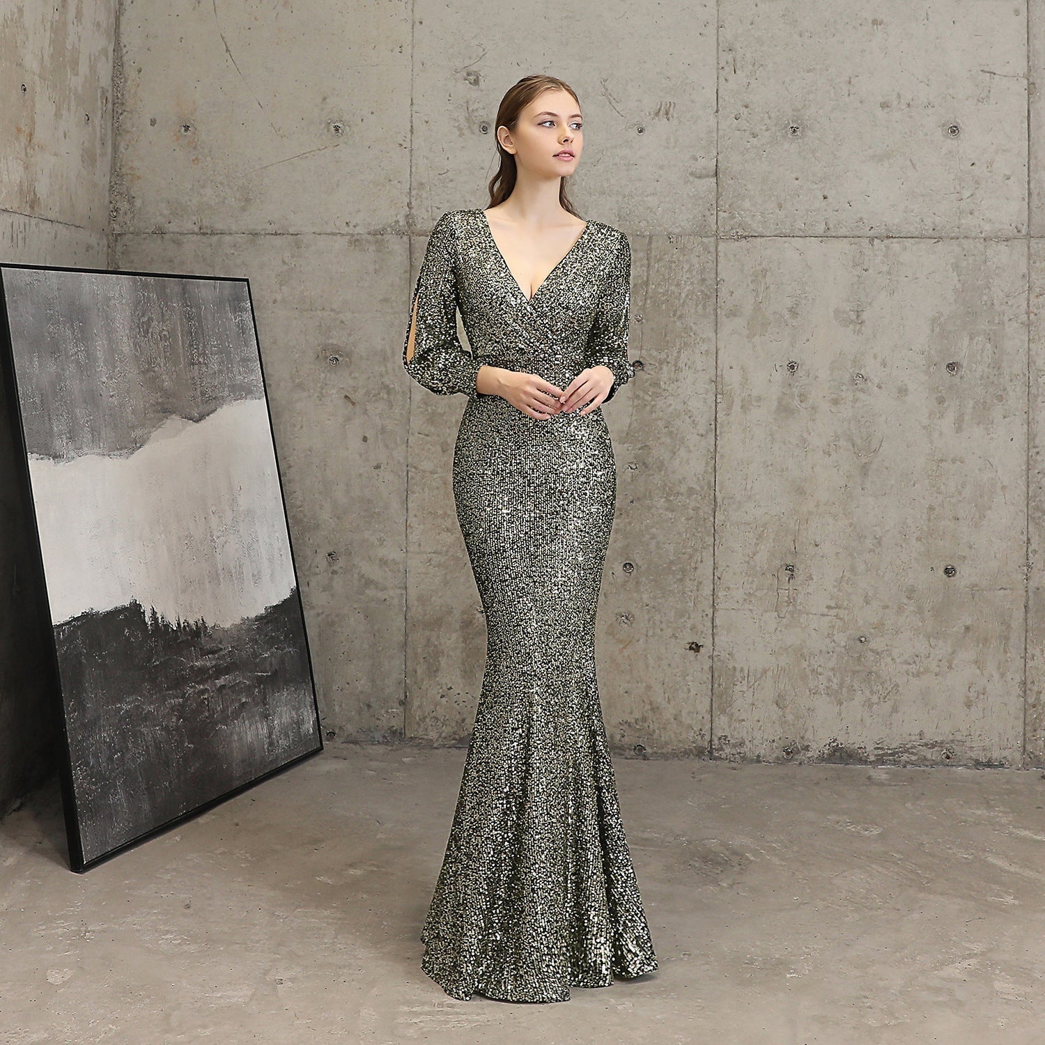 Ella long-sleeve sequined formal fishtail dress