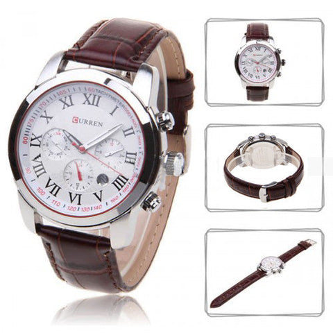 Chronographe avec bracelet en cuir (cadran blanc 4,5 cm) - Romain