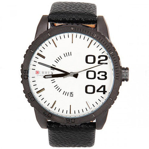 Watch with Black Leather Band (White 5cm Dial)