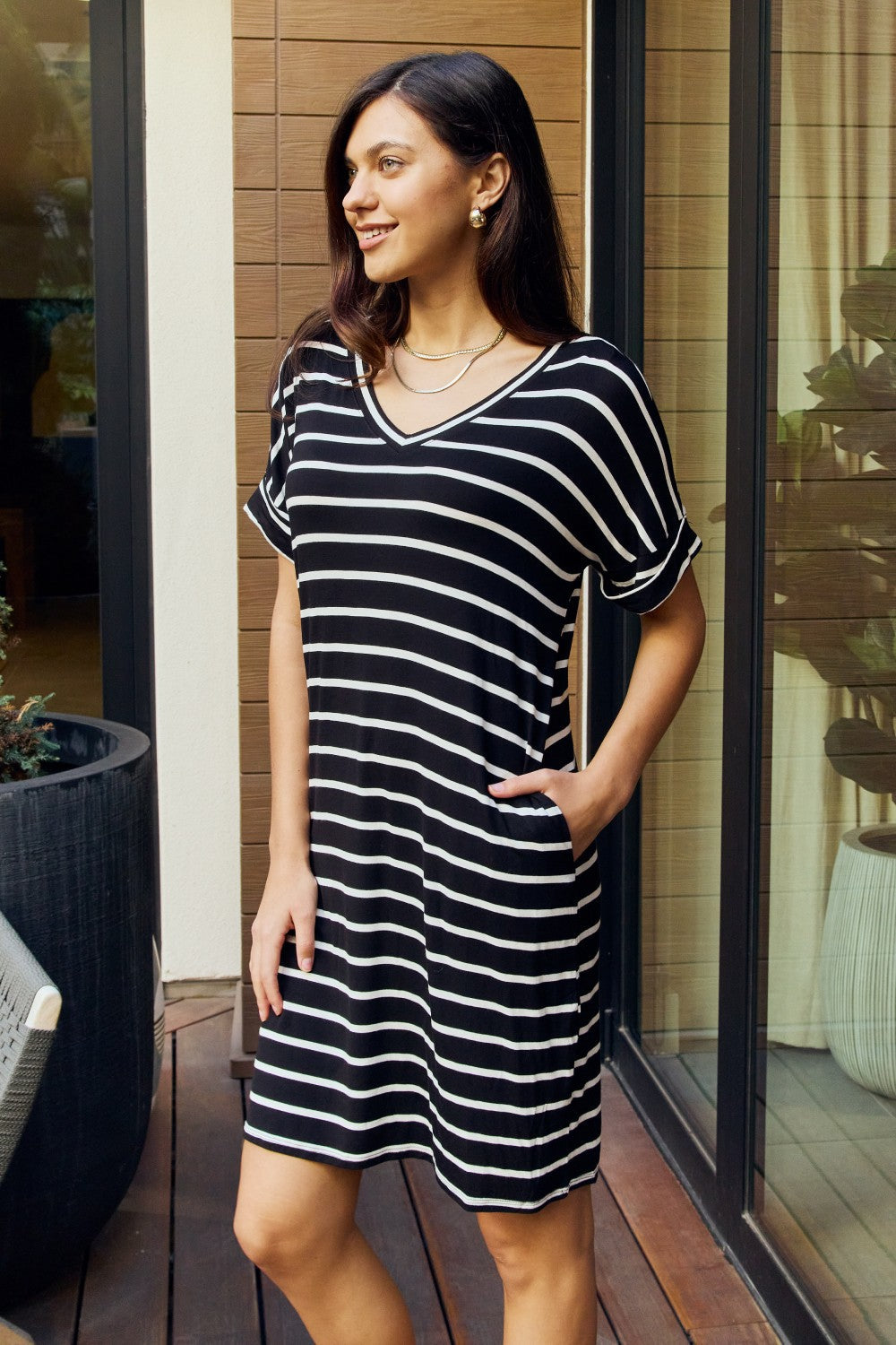 Full Size Striped V-Neck Pocket Dress in Black/Ivory