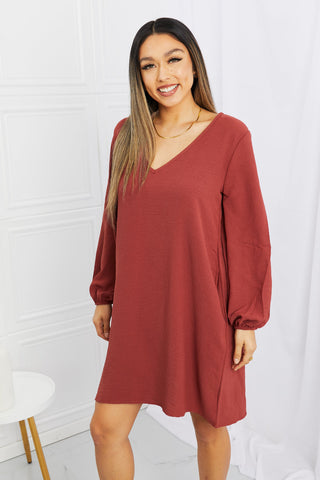 Mittoshop Full Size V-Neck Balloon Sleeve Dress with Pockets