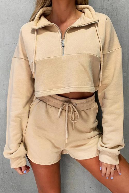 Zipper Drawstring Hoodie Shorts Set