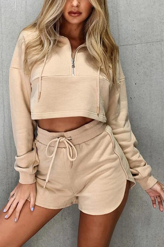 Zipper Drawstring Hoodie Shorts Set