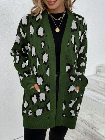 Leopard Print Ribbed Trim Dropped Shoulder Longline Cardigan