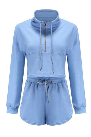 Zipper Drawstring Hoodie Shorts Set