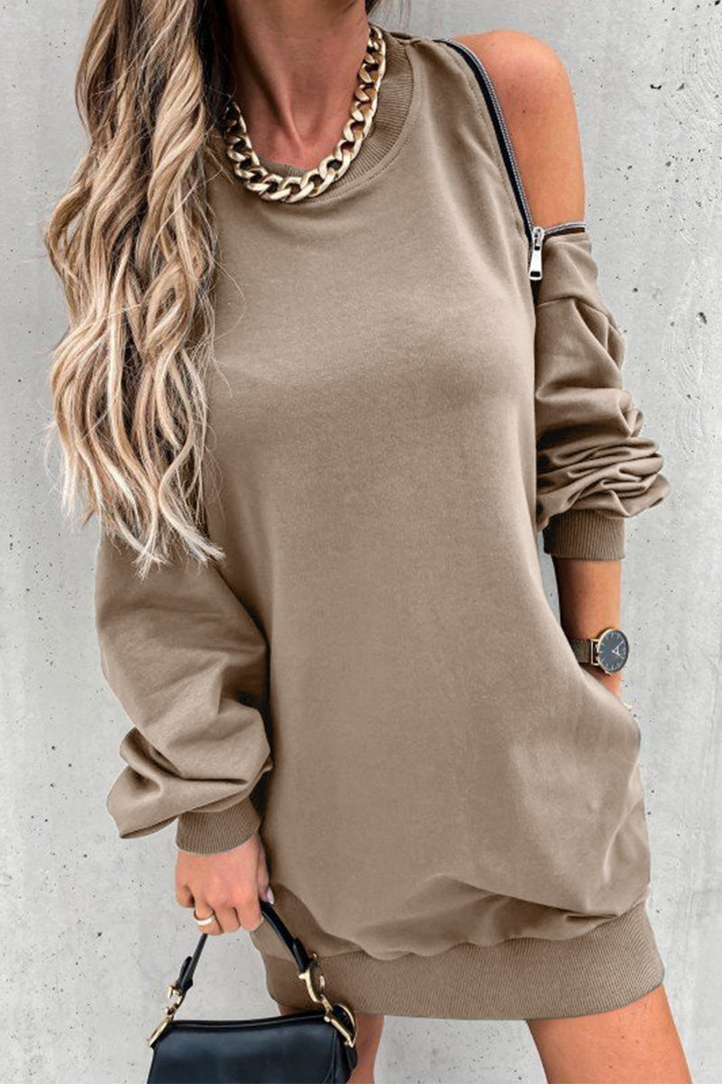 Zipper Slit O Neck Hoodie Dress