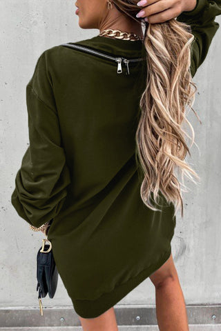 Zipper Slit O Neck Hoodie Dress