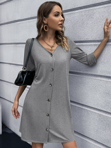 Button Front Roll-Tab Sleeve V-Neck Dress