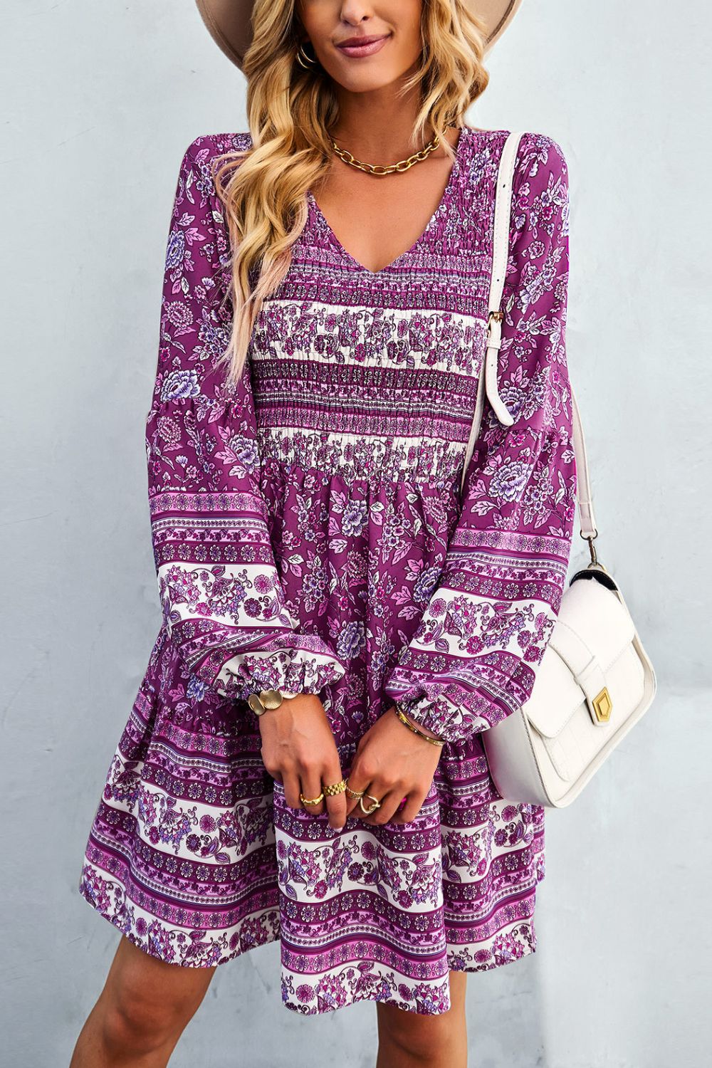 Bohemian V-Neck Balloon Sleeve Dress